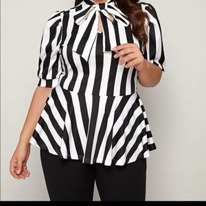 Tie neck striped peplum top